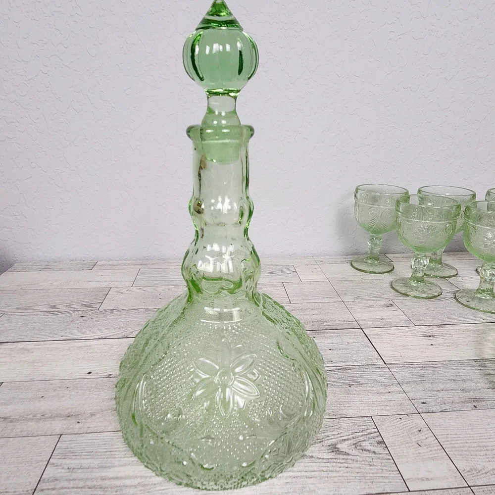 Vtg Indiana Sandwich Glass Chantilly Green Tiara Exclusive Decanter Set 10344
